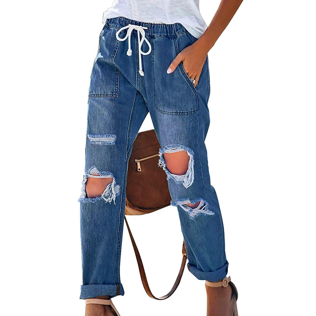 Dame Casual Denim-bukser med moderigtige revner og justerbar talje Stilla
