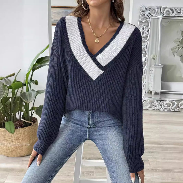Dame sweater med moderne V-udskæring og ribstruktur Stilla