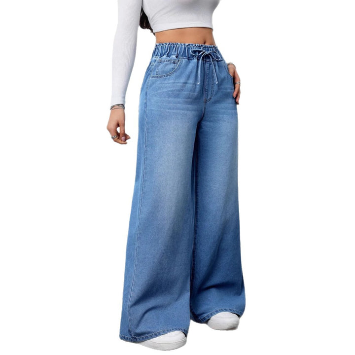 Dame brede denimbukser med elastisk talje og praktiske lommer