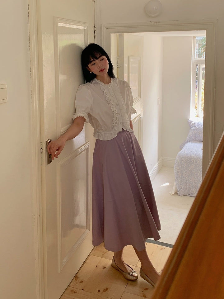 Dame romantisk bluse med ruffles detaljer og smukke knap dekorationer Stilla