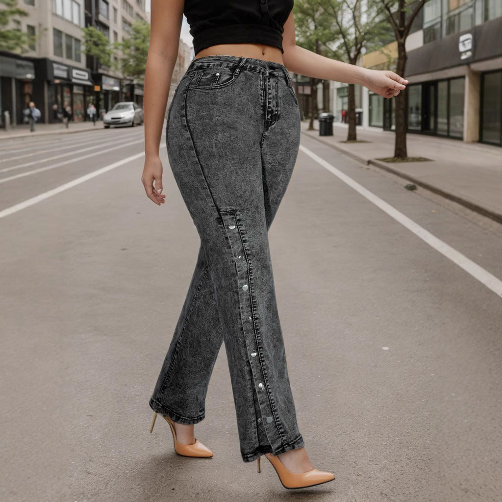 Dame Højtaljede Løse Denim-Bukser med Sidelæns Knapper Stilla