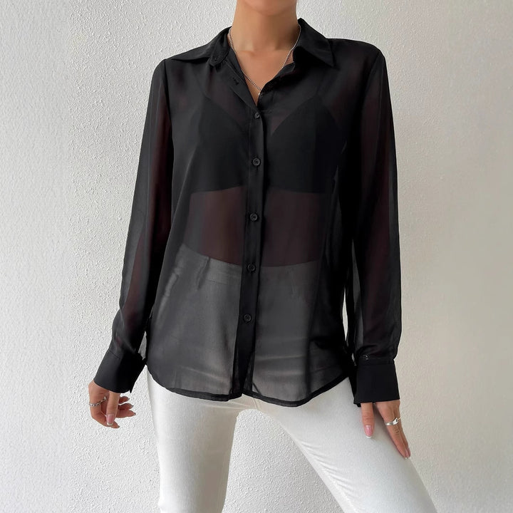 Dame afslappet transparent bluse med knaplukning og manchetter Stilla