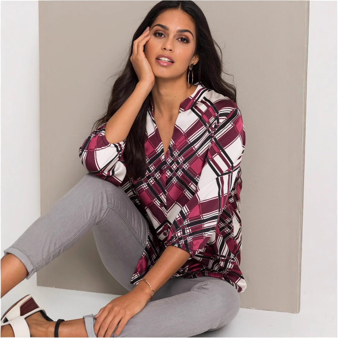 Dame Elegant Rutig Tunika Bluse Stilla