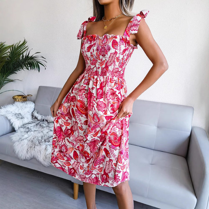 Dame maxikjole med blomster, ruffles, elastisk overdel og bindebånd Stilla