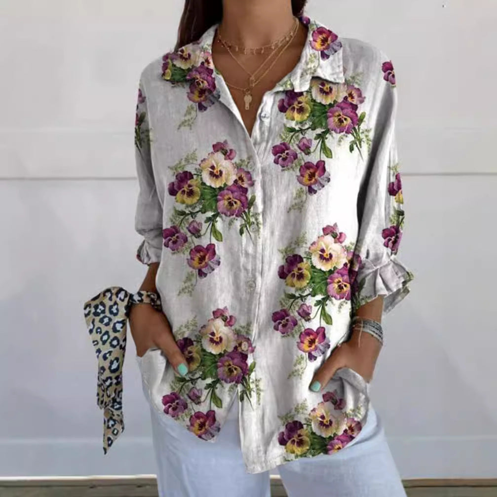 Dame linned skjorte med florale accenter Stilla
