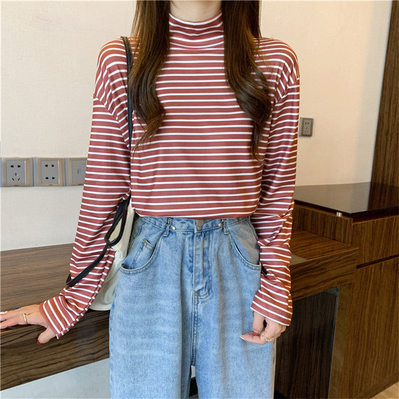 Femme Stribet Langærmet Mock-Neck-Top Stilla