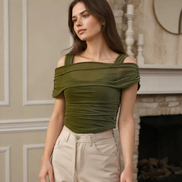Dame Off-Shoulder Top med Rynkning Skovae