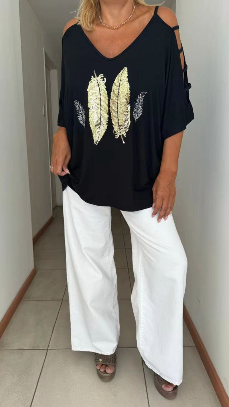 Dame oversized T-Shirt med elegant broderi og åbne skuldre Stilla