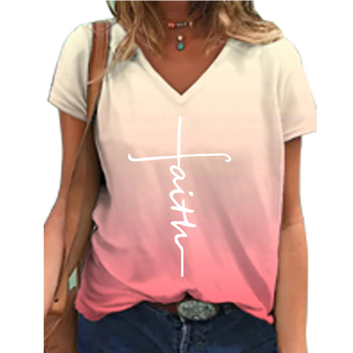 Dame V-hals T-shirt med moderne farveforløb og inspirerende tekst Stilla