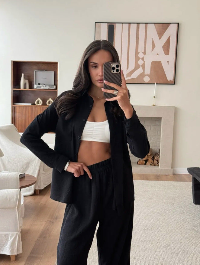 Dame komfortabel Loungewear-sæt med langærmet bluse og brede bukser Stilla
