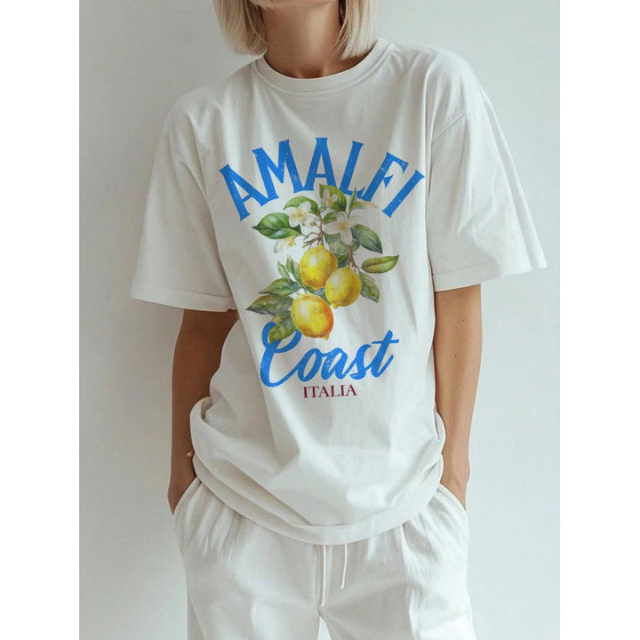 Dame T-shirt med stilfuldt citronmotiv og Amalfi Coast tekst Stilla
