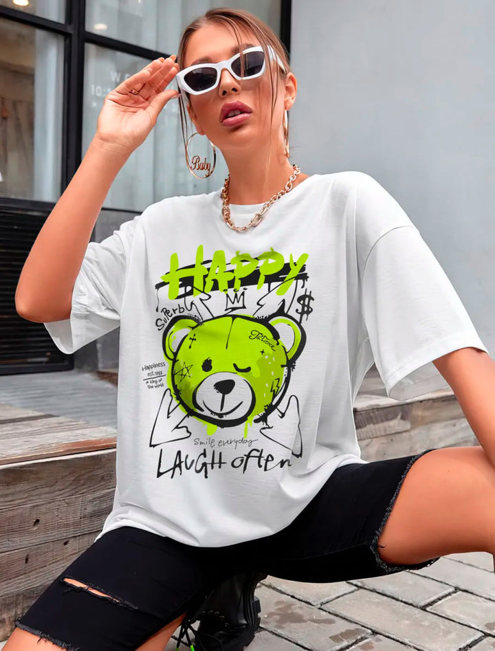 Dame T-shirt med afslappet b Bear-motiv og inspirerende udtalelse Stilla