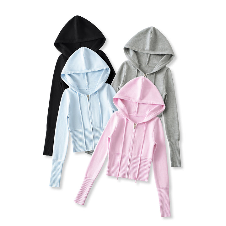 Dame Cropped Hoodie lavet af blødt strikmateriale med lynlås og hætte Stilla