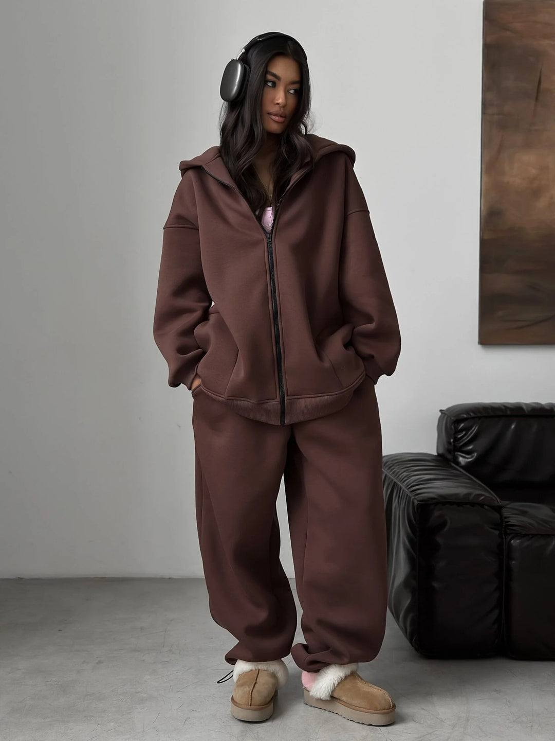 Dame Oversized Hoodie-Sæt med brede Bukser Stilla