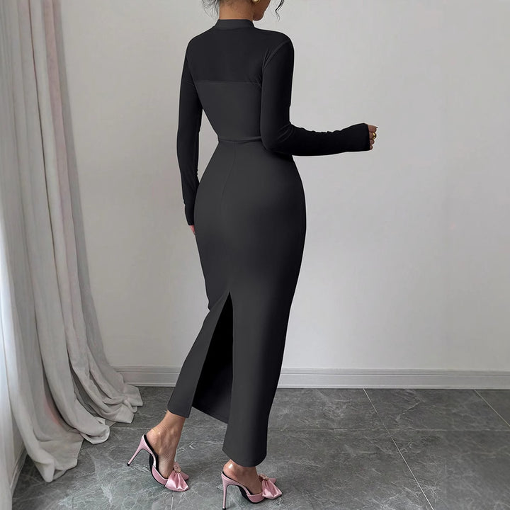 Dame Elegant Langærmet Midi-Kjole med raffineret drapering og figursyet silhuet Skovae