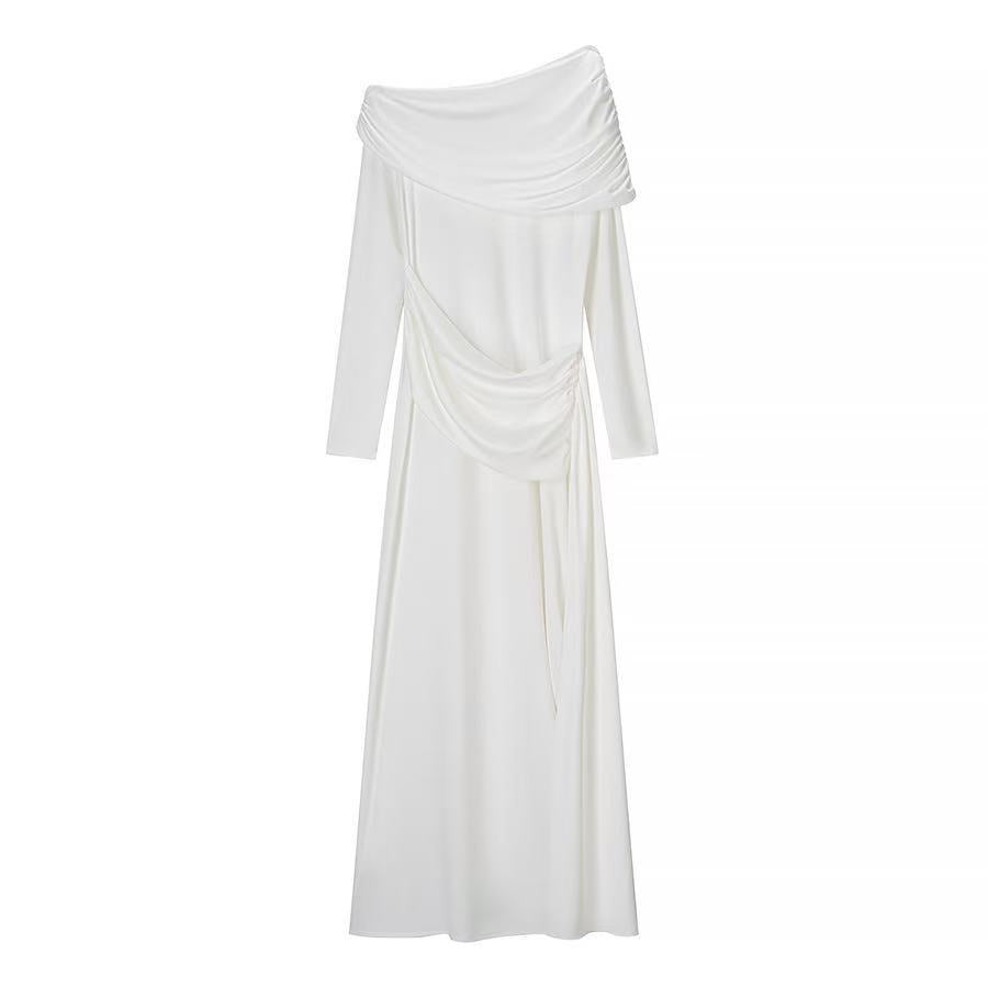 Dame Elegant Off-Shoulder Maxi Kjole med Draperet Detalje Stilla