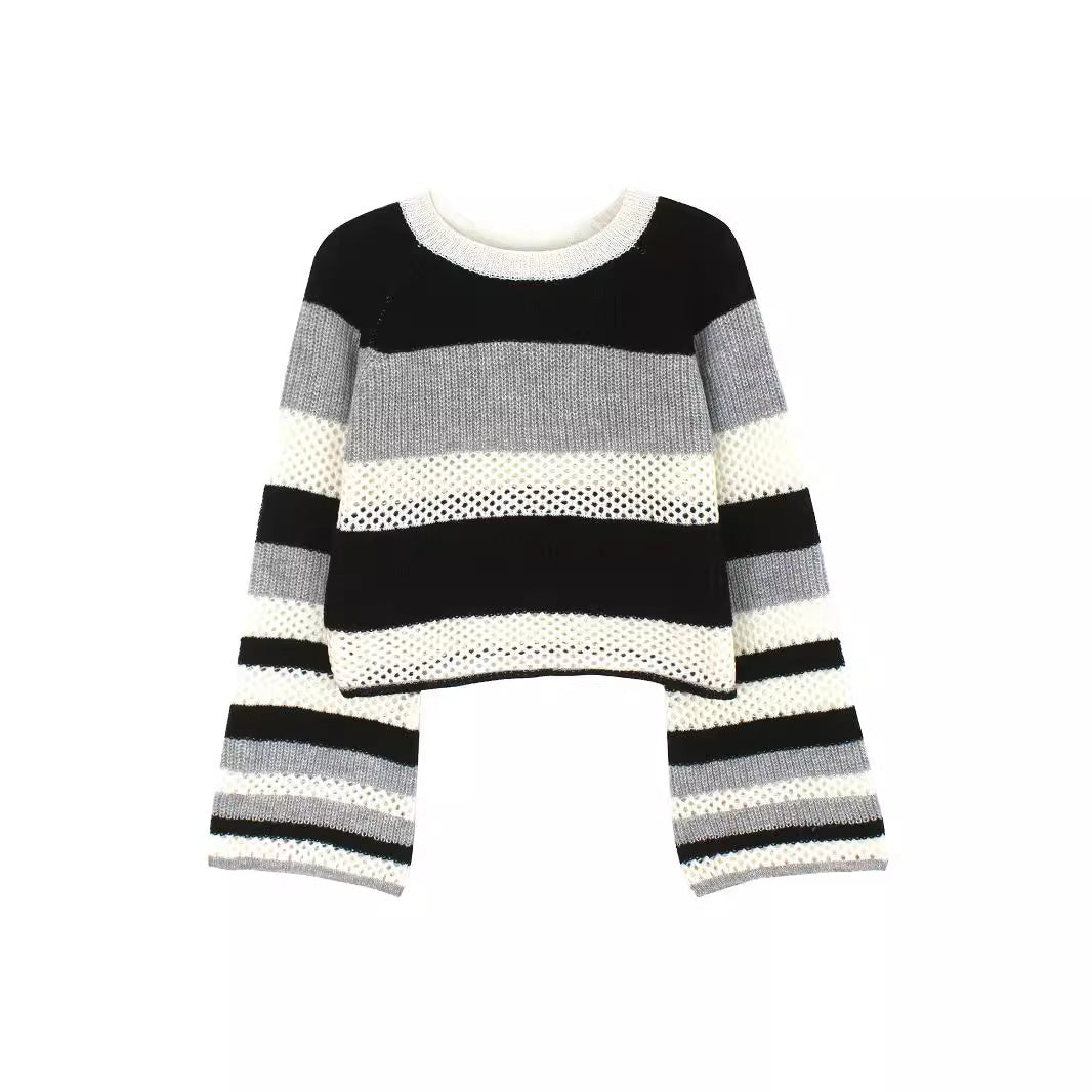 Dame afslappet cropped strikpullover med netdesign og stribemønster Stilla
