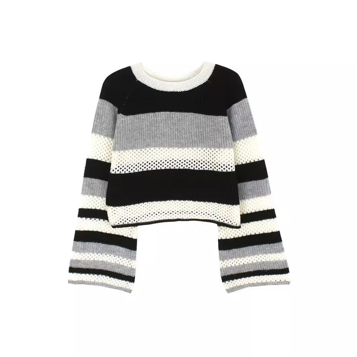 Dame afslappet cropped strikpullover med netdesign og stribemønster Stilla