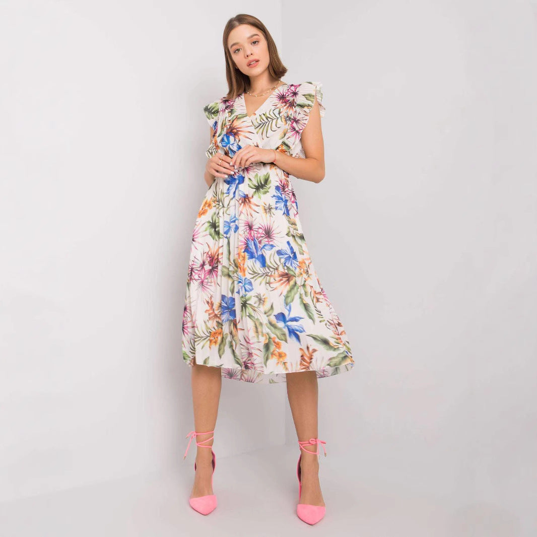 Dame Midikjole med blomstret omslagdesign og elegant flæse Stilla