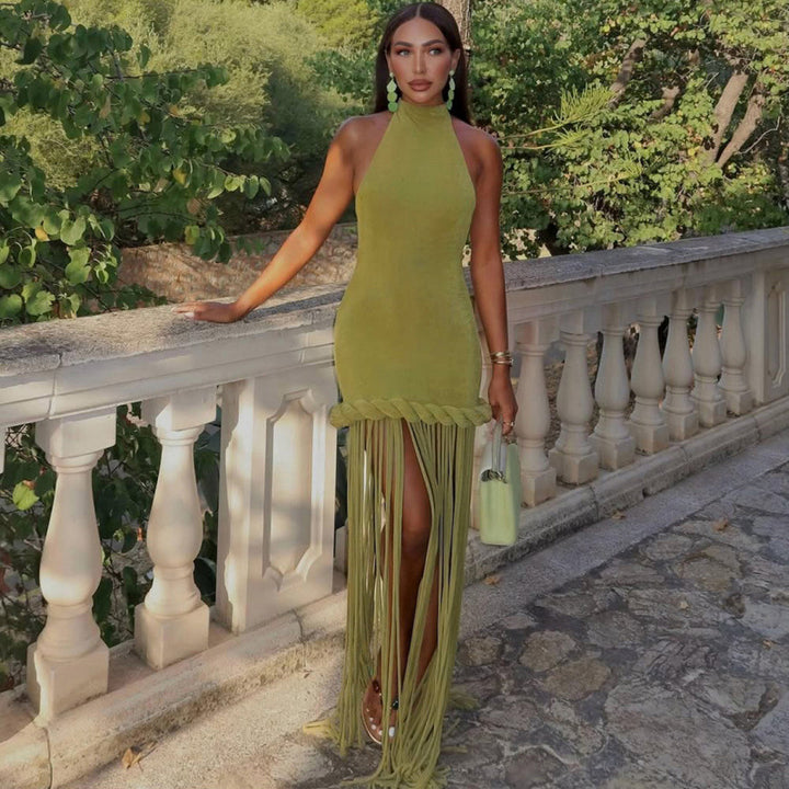 Damen Freizeitkleid mit Bambus-Borten und schimmerndem Stoff Skovae