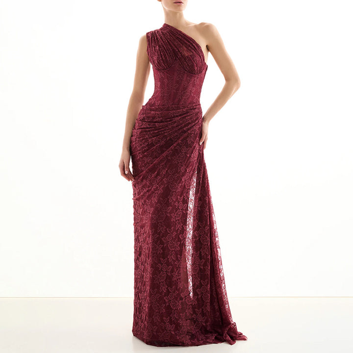 Dame elegant aftenkjole med asymmetrisk one-shoulder design og blomster spidsbesætning Skovae