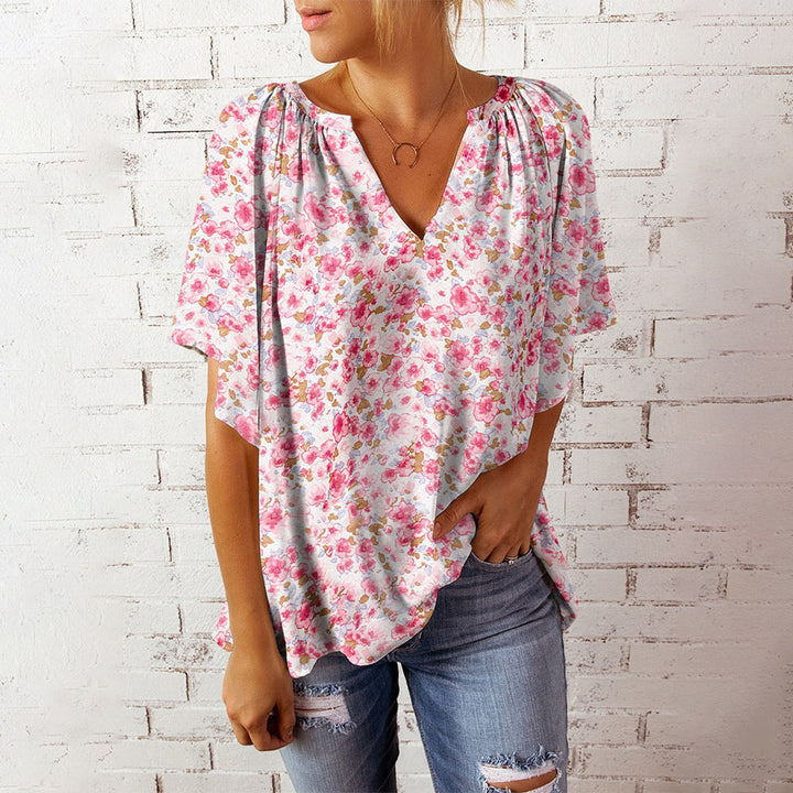 Stilla | Afslappet Floral Print V-hals Kort Ærme Overstørrelse Top Bluse