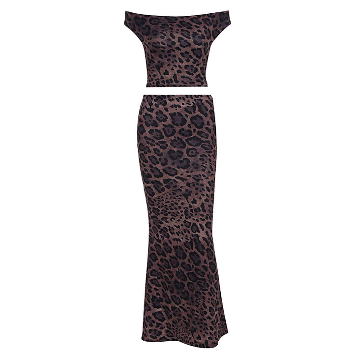 Dame Elegant Maxikjole med skulderfri design og leopardmønster Skovae