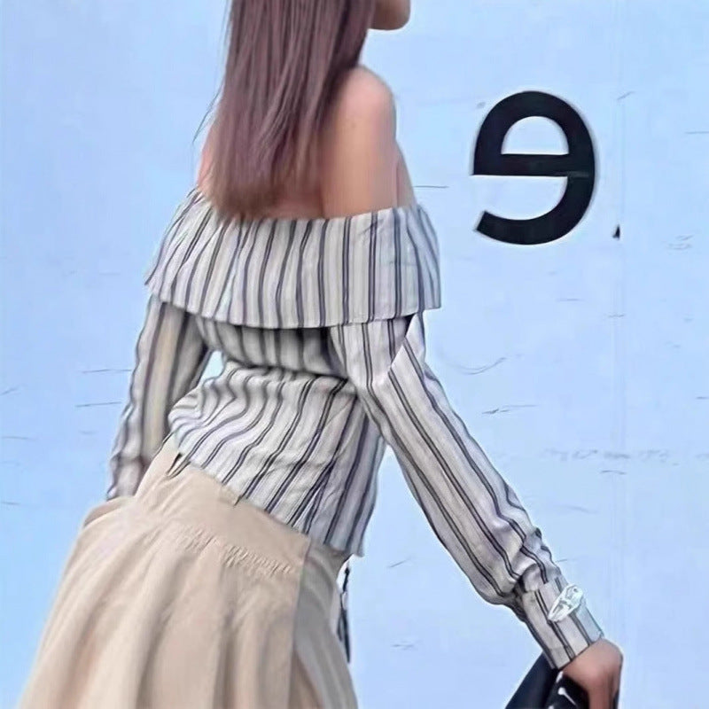 Dame Off-Shoulder stribet bluse med knapdetaljer Stilla