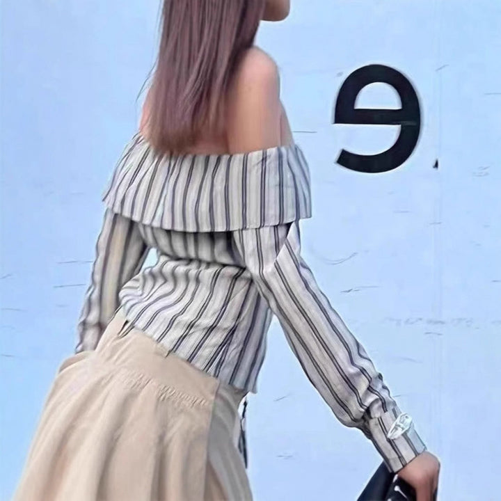 Dame Off-Shoulder stribet bluse med knapdetaljer Stilla