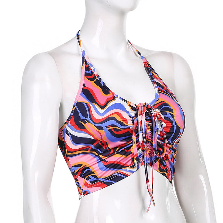 Dame Crop-Bikini-top med snøring og farverigt design Skovae