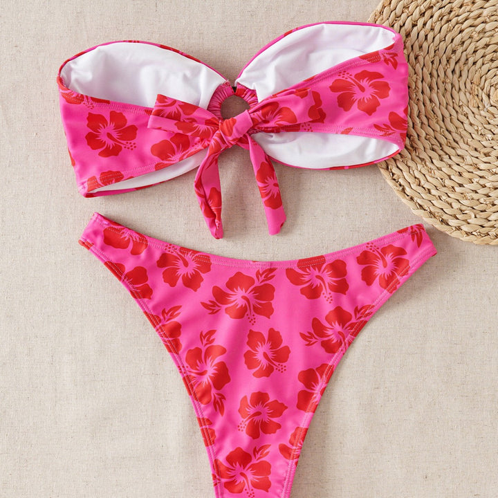 Dame bandeau bikini sæt med dekoreret knude og blomster mønster Skovae