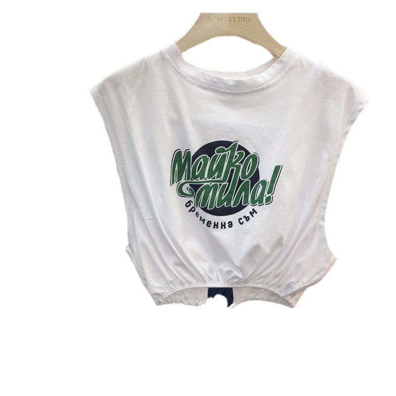 Femme Cropped Statement Grafik Top med snor-detalje Stilla
