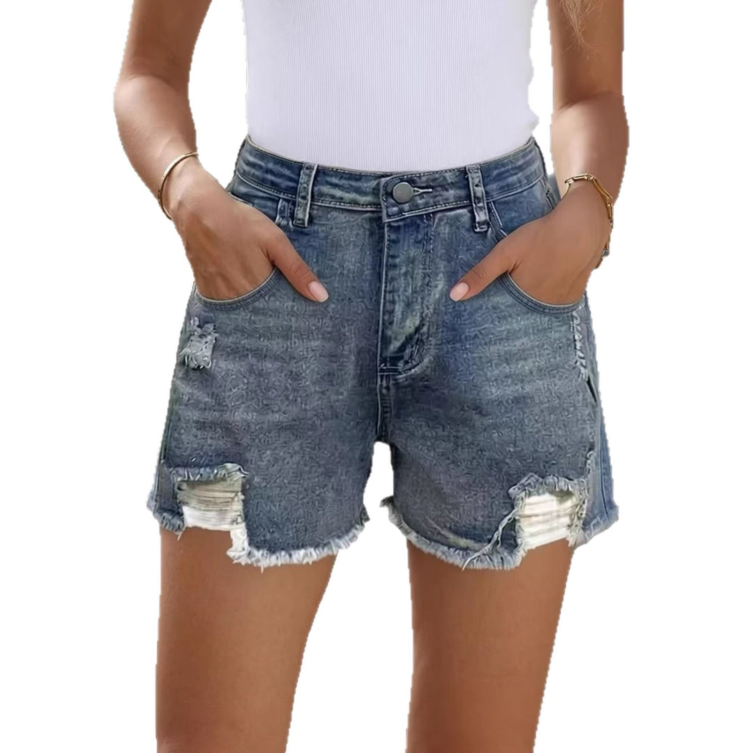 Dame casual Destroyed jeansshorts med høj talje og frynset afslutninger Skovae