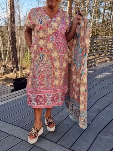 Dame Kaftan-kjole med koordineret tørklæde og sidelommer Stilla