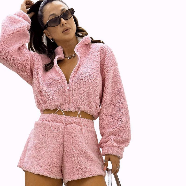 Dame fleece-pullover og shorts sæt med snoretræk-talje Stilla