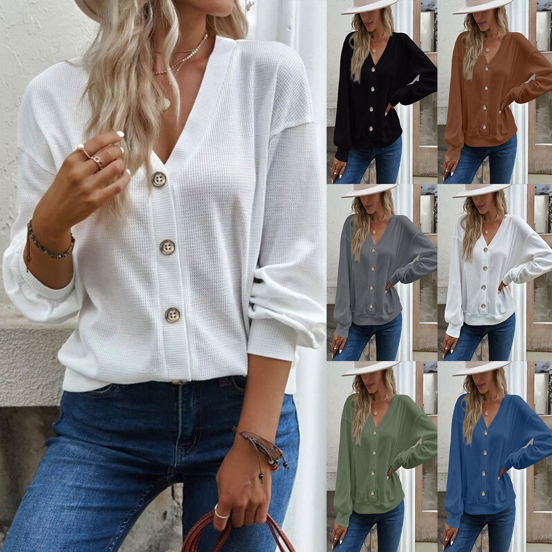 Dame Fashionable Vaffelstruktur Strikjakke med Knappeliste Stilla