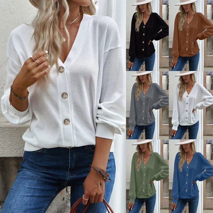 Dame Fashionable Vaffelstruktur Strikjakke med Knappeliste Stilla