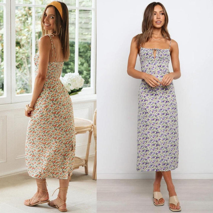 Dame Floral Print Maxi Kjole med justerbar bånd-detajle Stilla
