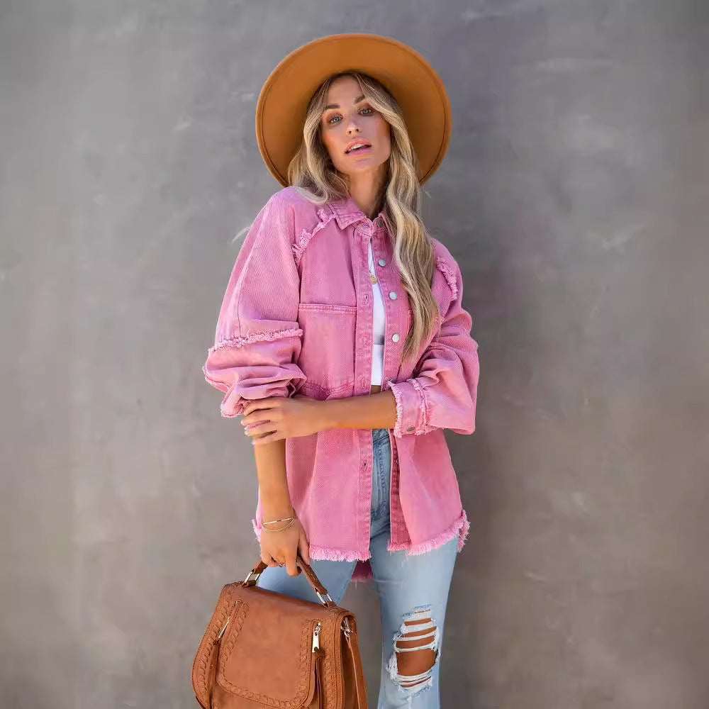 Damer Casual Denim Overgangsjakke i Vintage-stil med franske detaljer Stilla