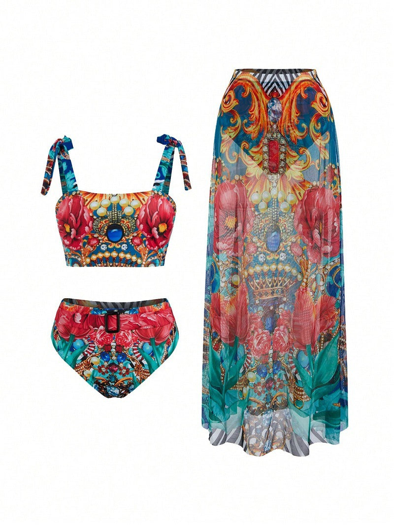 Dame bikini-sæt med elegant maxiskørt og blomsterdesign Stilla