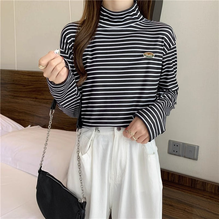 Femme Stribet Langærmet Mock-Neck-Top Stilla