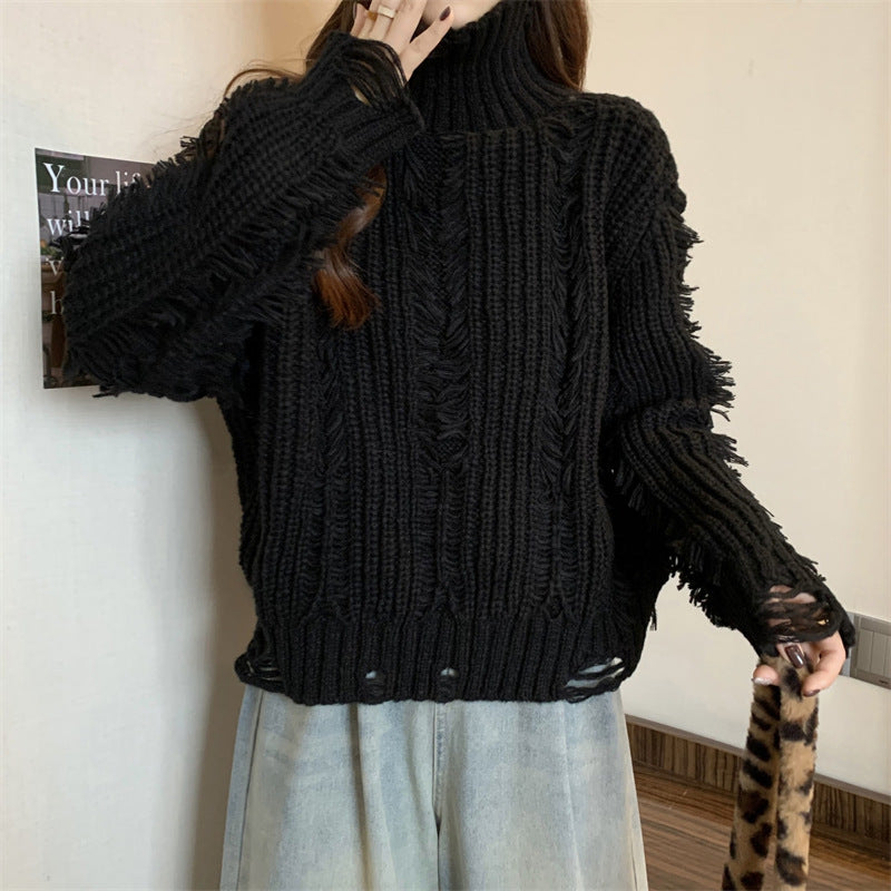 Femme Distressed Chunky Knit Rullekravepullover Stilla