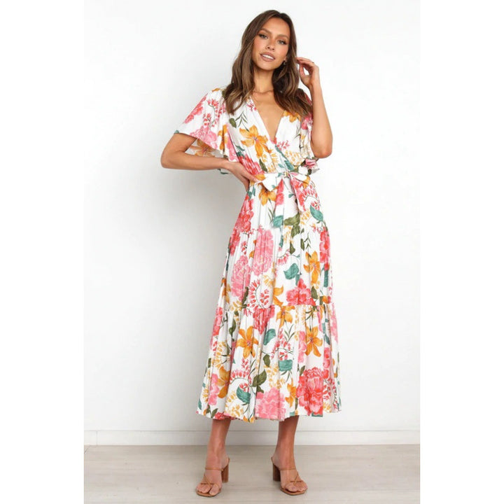 Dame Floraltryk Maxi Wrap Kjole med Lagdelt Nederdel Stilla