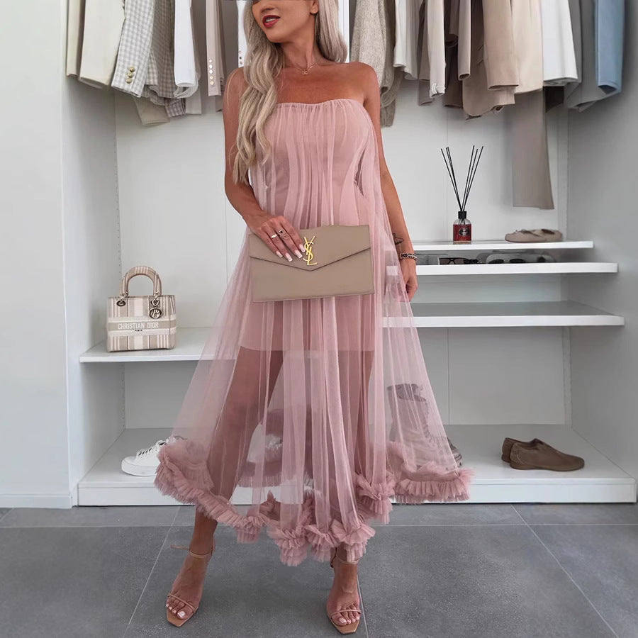 Dame Off-Shoulder Tullekjole med Flæse og Transparent Overflade Stiila