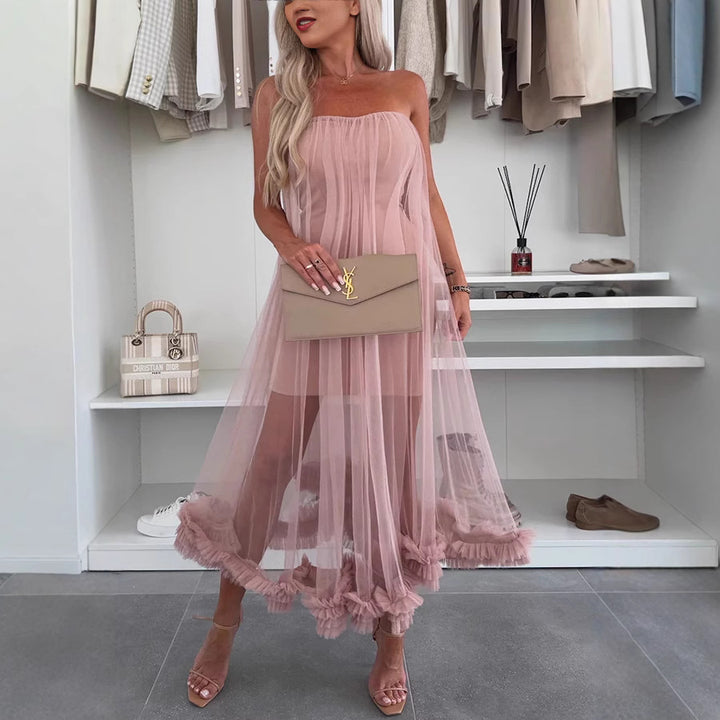 Dame Off-Shoulder Tullekjole med Flæse og Transparent Overflade Stiila