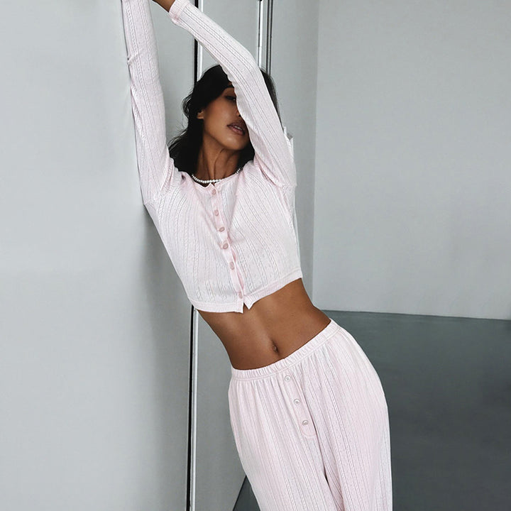 Dame Langærmet Crop-Top med knaplukning og blødt materiale Skovae
