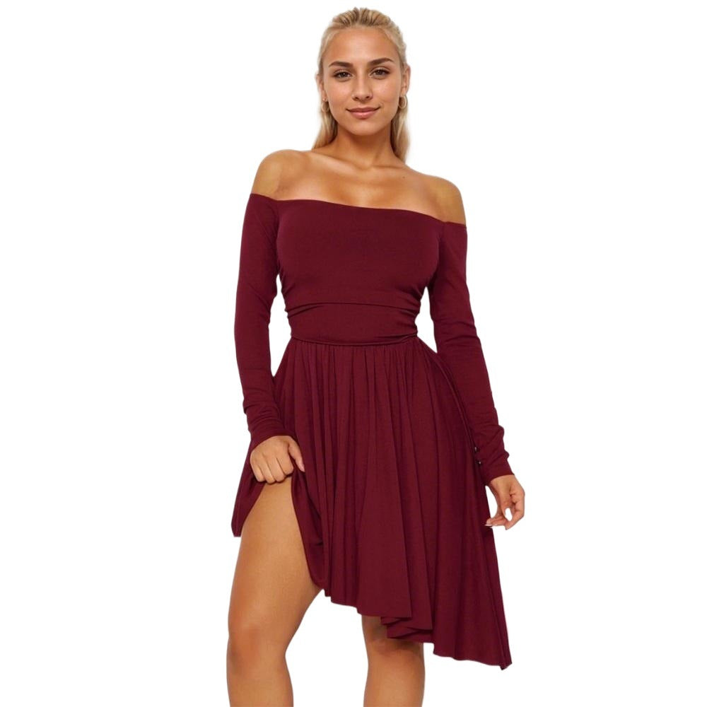 Damer Off-Shoulder Midi Kjole med Asymmetrisk Kant og Lange Ærmer Stilla