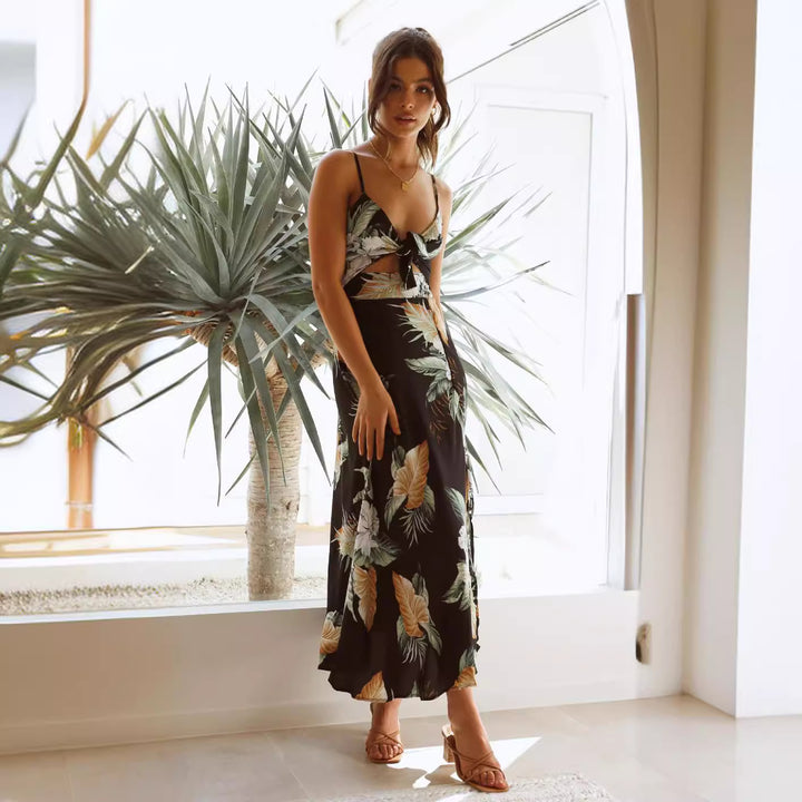 Dame Floral Print Maxi Kjole med sidelæns knude-detalje Stilla