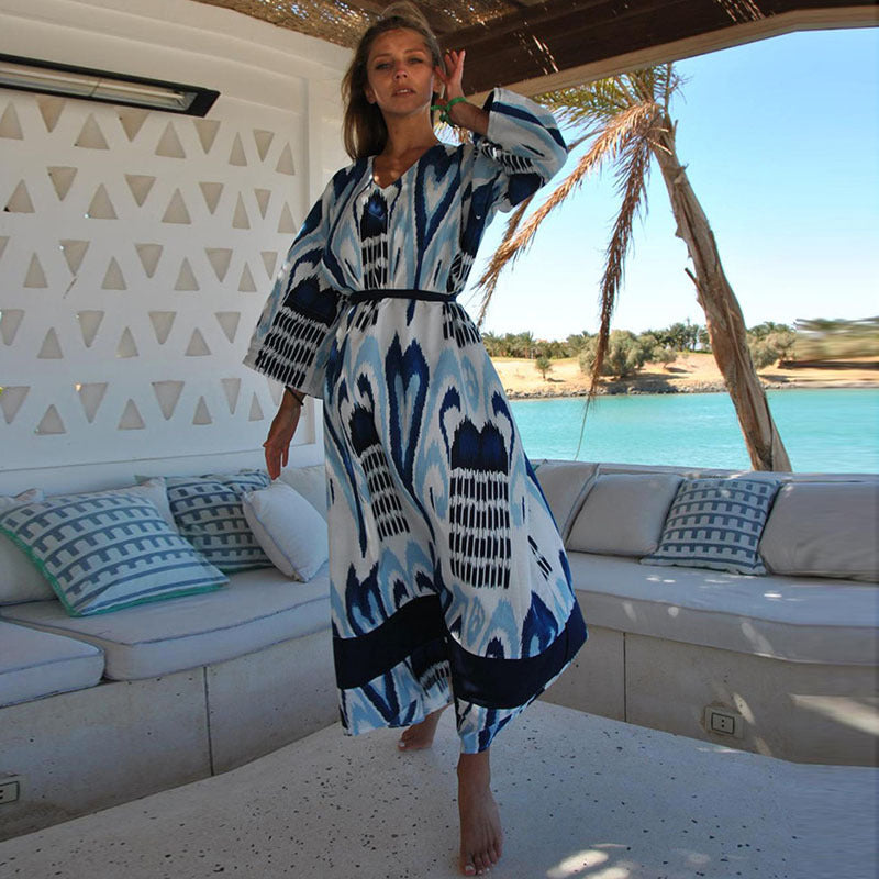 Dame Maxi-strandkaftan med elegant grafisk mønster og sid幕split Stilla