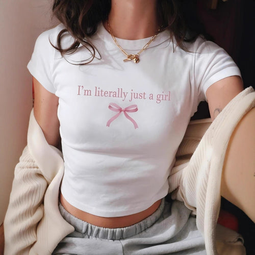 Dame Crop-T-shirt med kreativ tekst og sløjfedetalje Skovae